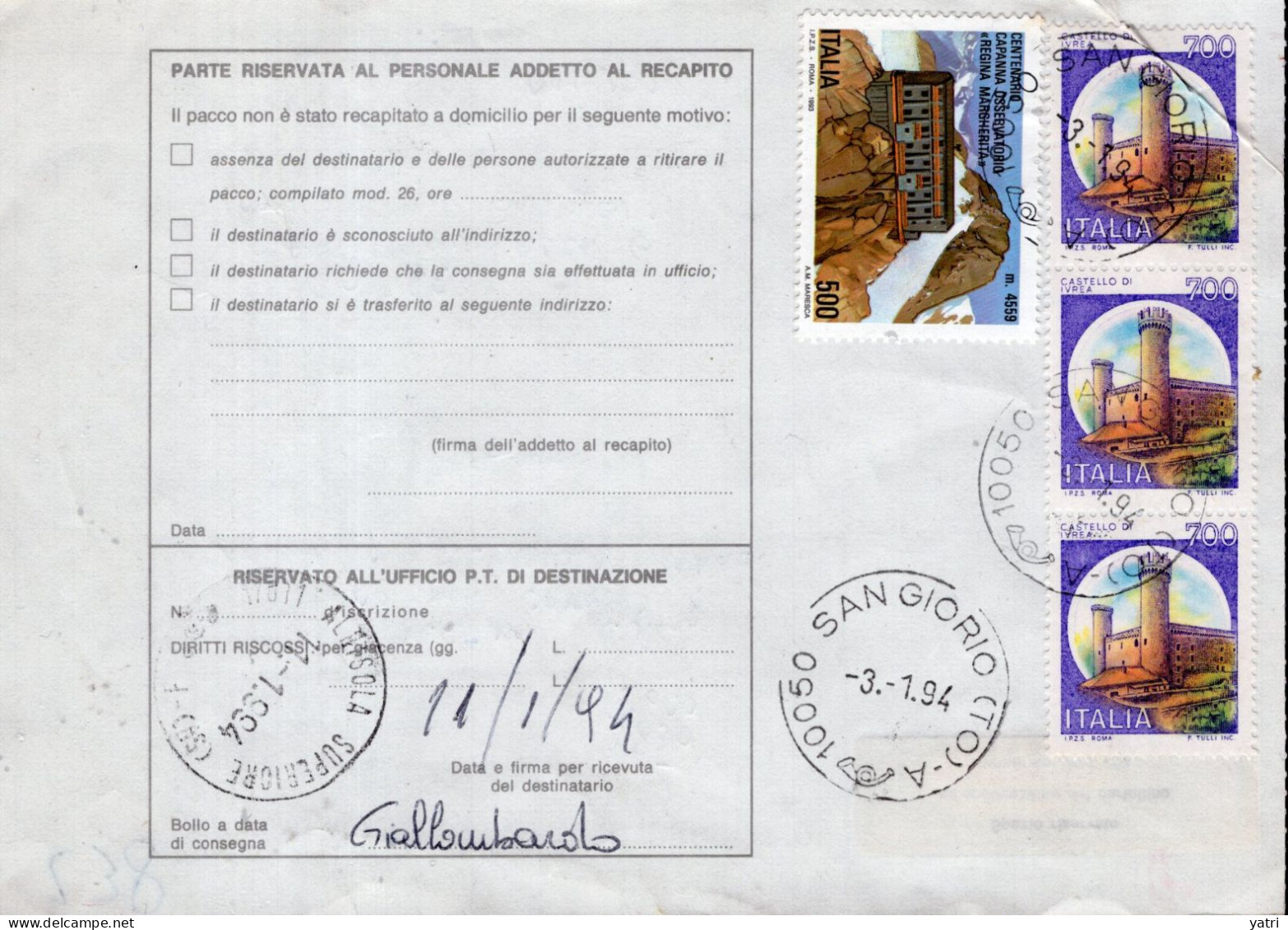 Italia (1994) - Bollettino Pacchi Da  San Giorio Di Susa (TO) Per Albissola Mare - (vasellame) - Postal Parcels