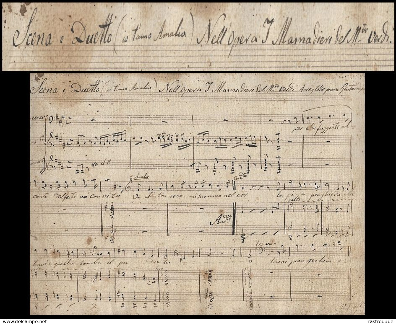 19ème GIUSEPPE VERDI  - PARTITION MANUSCRITE OPÉRA  MASNADIERI ( SCENA E DUETTO ) 5 PAGES - Opéra