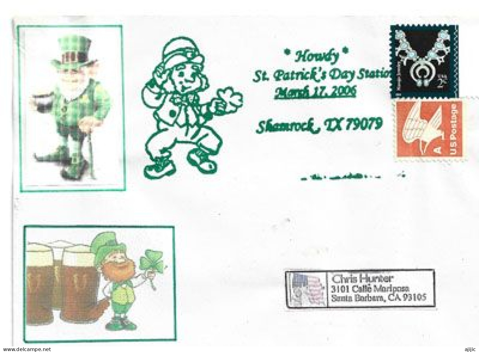 USA . Happy St Patrick Day. Fête Irlandaise 17 Mars 2008. Enveloppe Souvenir De Shamrock. Texas - Lettres & Documents