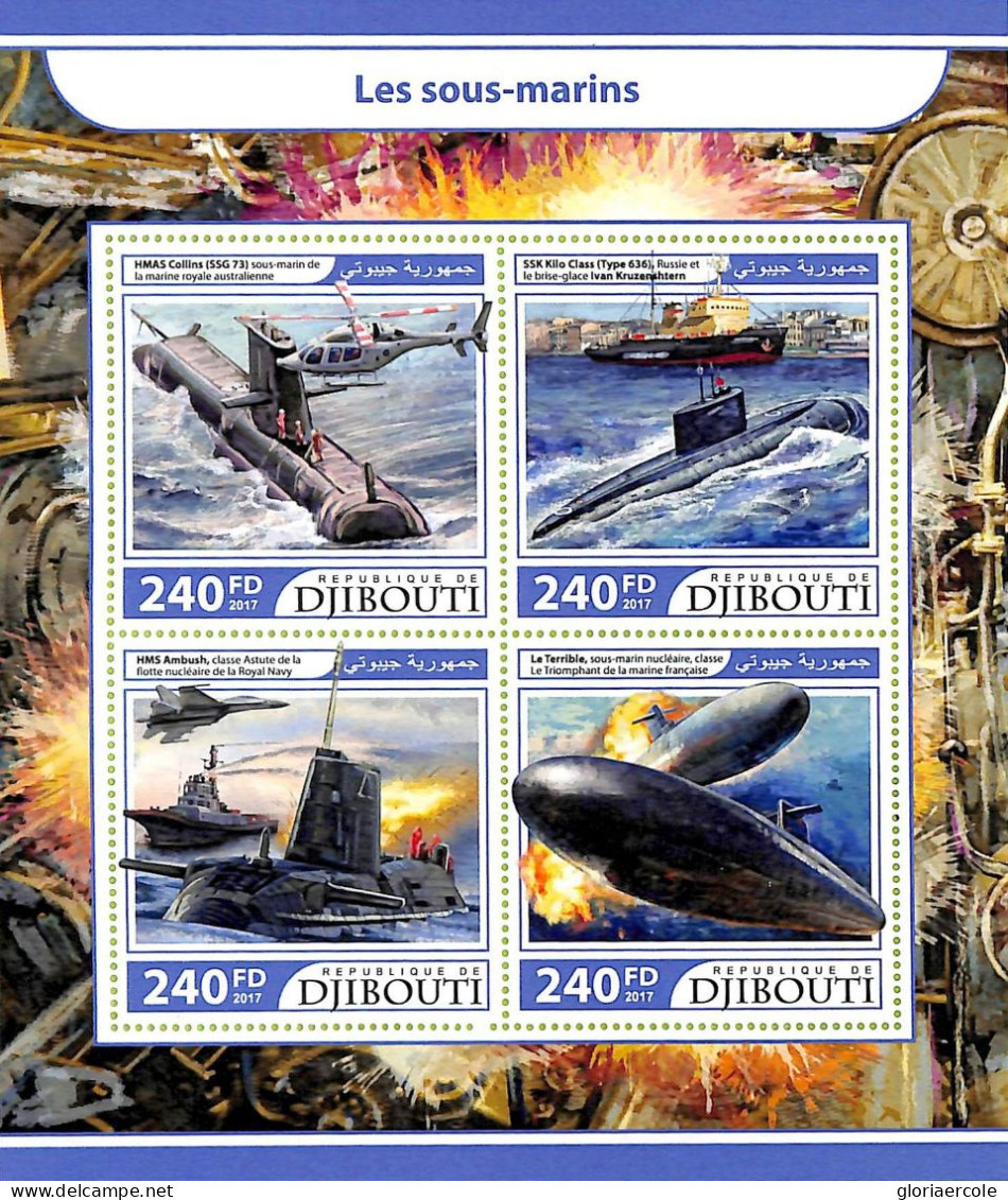 A7475 - DJIBOUTI - ERROR MISPERF Stamp Sheet - 2017  - Submarines - U-Boote