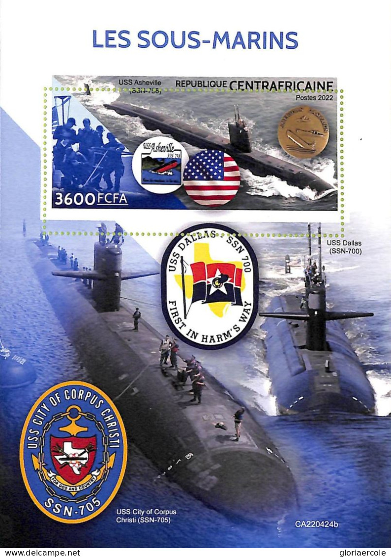 A7262 - CENTRAFRICAINE -  ERROR MISPERF Stamp Sheet - 2022 - Submarines - Submarines
