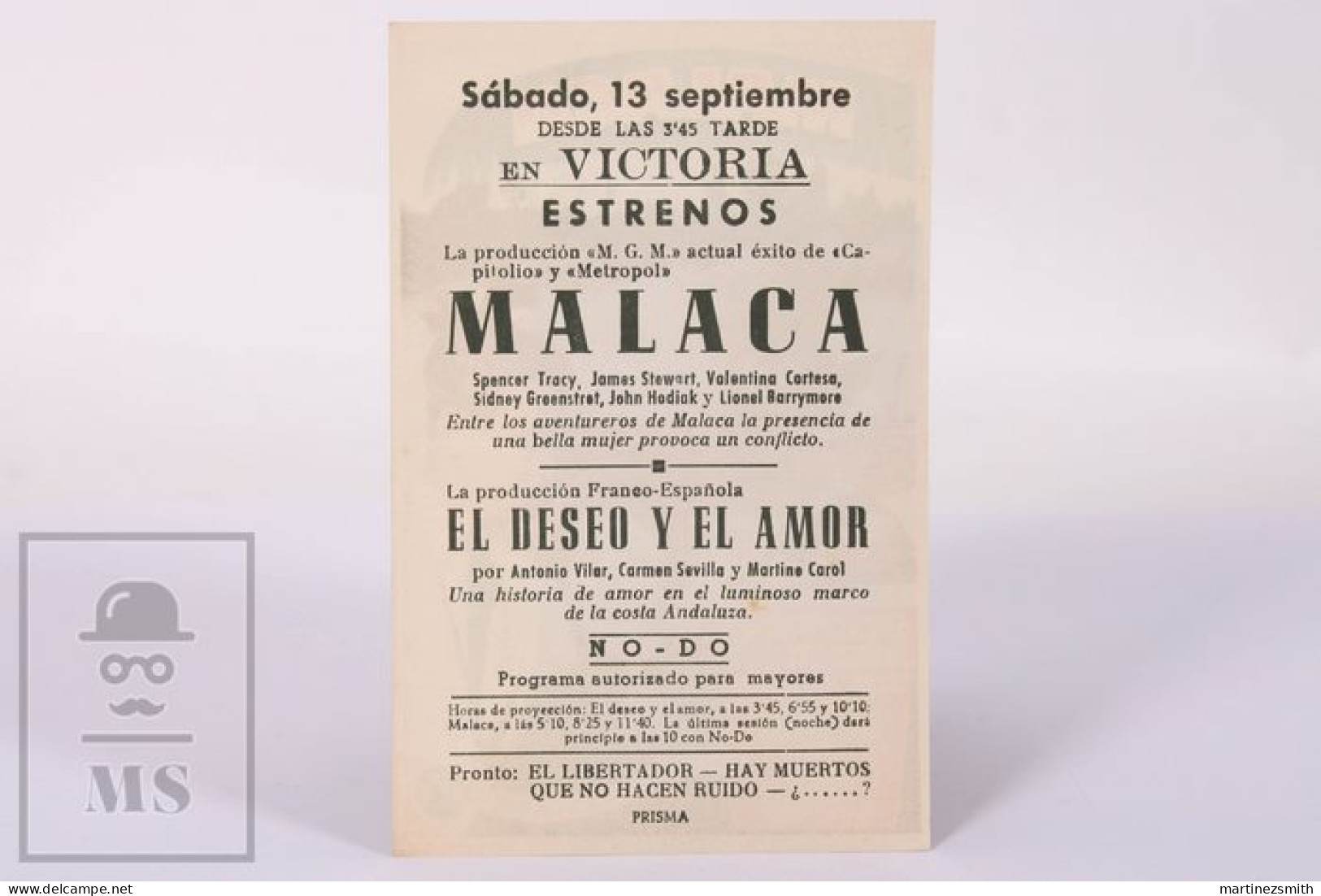 Original 1949 Malaca / Movie Advt Brochure - Spencer Tracy, James Stewart, Valentina Cortese- 13,5 X 8,5 Cm - Cinema Advertisement