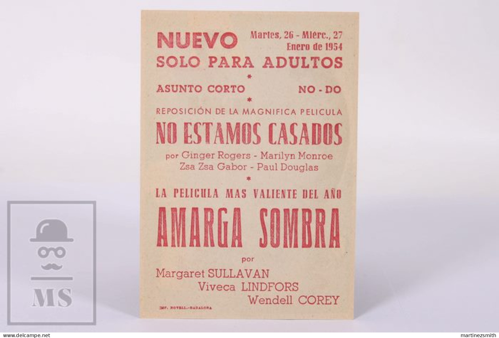 Original 1954 No Sad Songs For Me / Movie Advt Brochure - Margaret Sullavan, Wendell Corey, Viveca Lindfors- 12 X 8,5 Cm - Pubblicitari