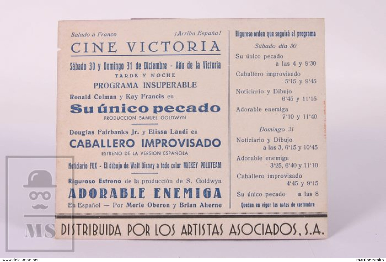 Original 1939 Beloved Enemy / Movie Advt Brochure - Merle Oberon, Brian Aherne Folded 11,2 X 13,5 Cm - Fascist Backside - Publicidad