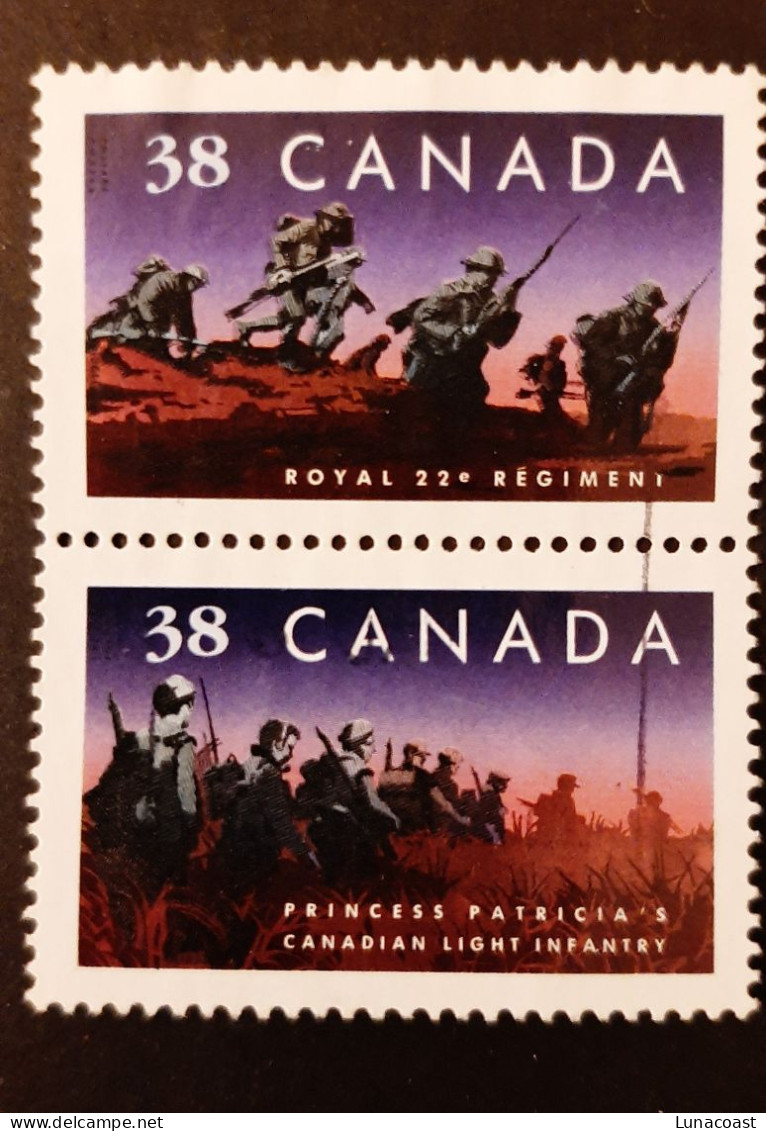 Canada 1989  USED  Sc1250a   Vertical Se-tenant Pair Of  2 X 38c, Infantry Regiments - Gebruikt