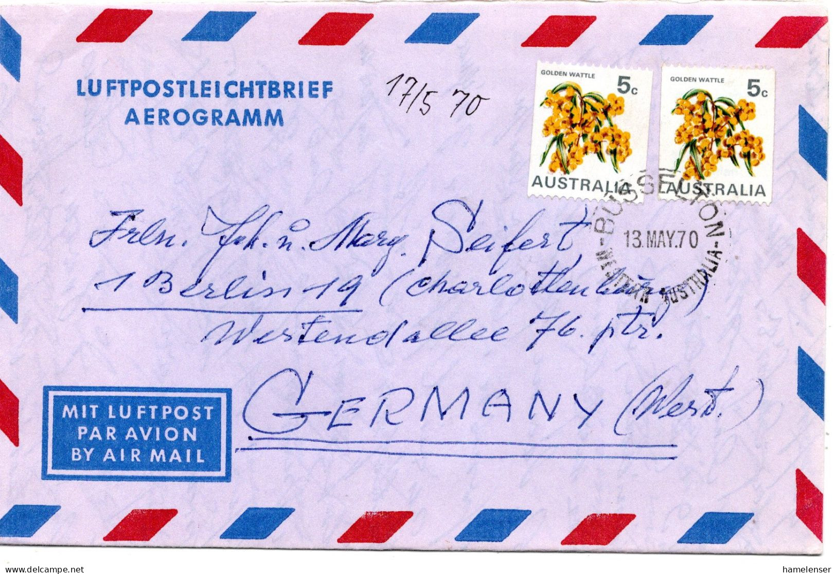 74816 - Australien - 1970 - 2@5c Gold-Akazie Rolle A Aerogramm BUSSELTON -> Westdeutschland - Lettres & Documents