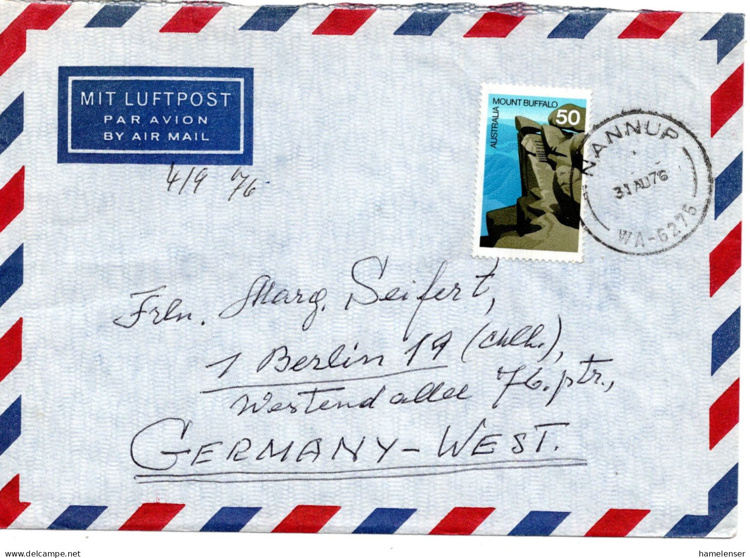 74817 - Australien - 1976 - 50c Mt Buffalo EF A LpBf NANNUP -> Westdeutschland - Covers & Documents