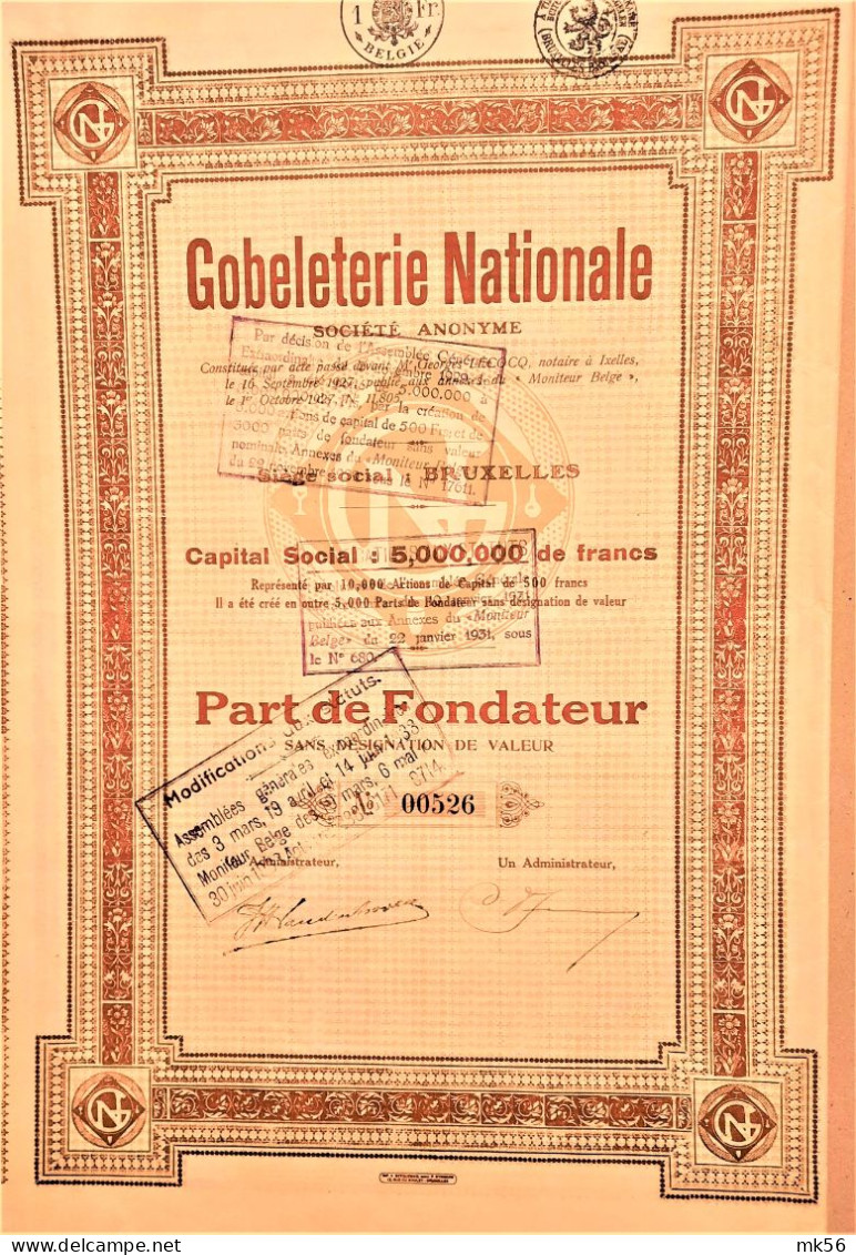 S.A. Gobeleterie Nationale - Part De Fondateur  1927 - Bruxelles - Landbouw