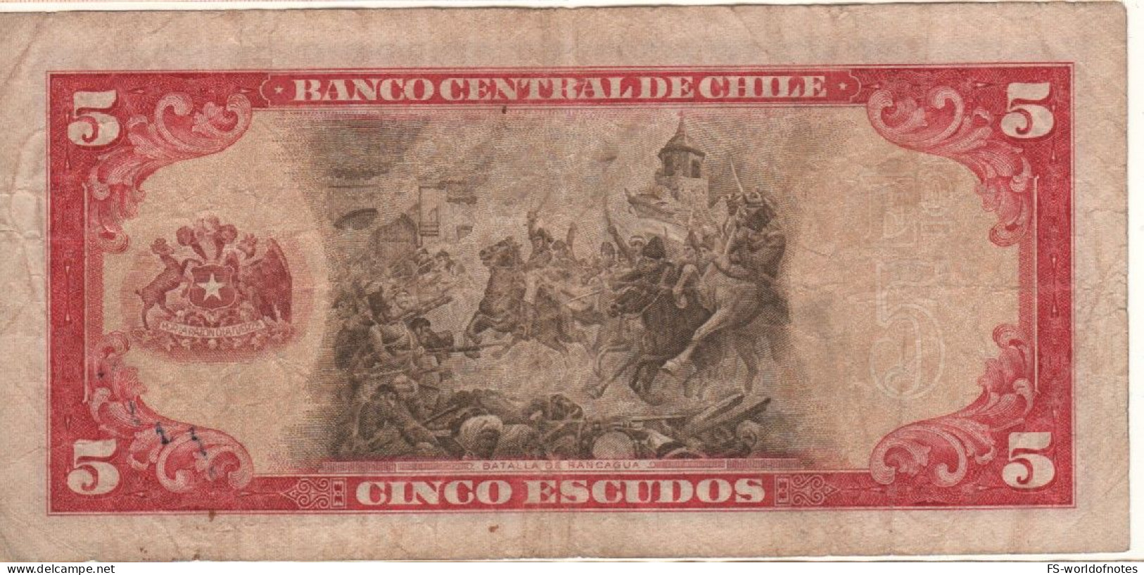 CHILE   5  Escudos ,       P138  ( ND 1964   Manuel Bulnes + Painting Battle Of Rancagua ) - Chili