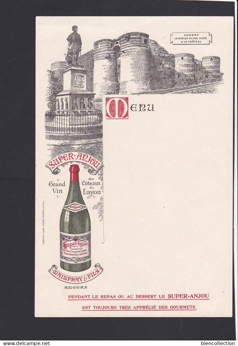 Menu Avec Publicité Grand Vin Des Coteaux Du Layon: Mainfray Et Fils Avec Vue Des Remparts D'Angers (Maine Et Loire) - Menus