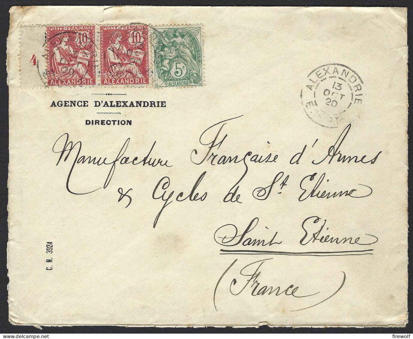 F15 - Egypt Alexandria French Office - Cover 1920 To Saint-Etienne France - Lettres & Documents