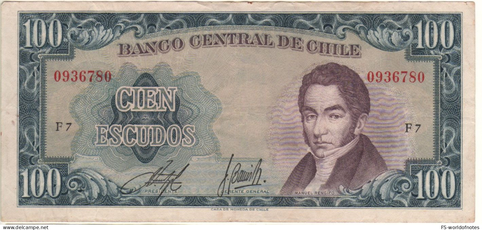 CHILE   100  Escudos   P141  ( ND )    "Manuel Rengifo + Sail Boat At Back " - Chili