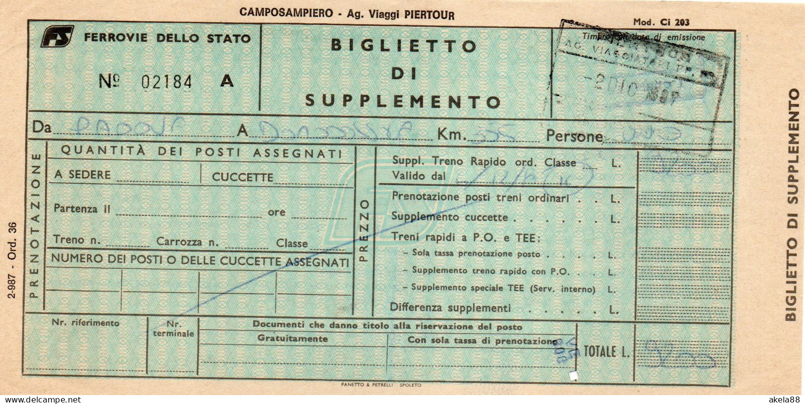 BIGLIETTO TRENO DI SUPPLEMENTO DA PADOVA A DOMODOSSOLA - Europa