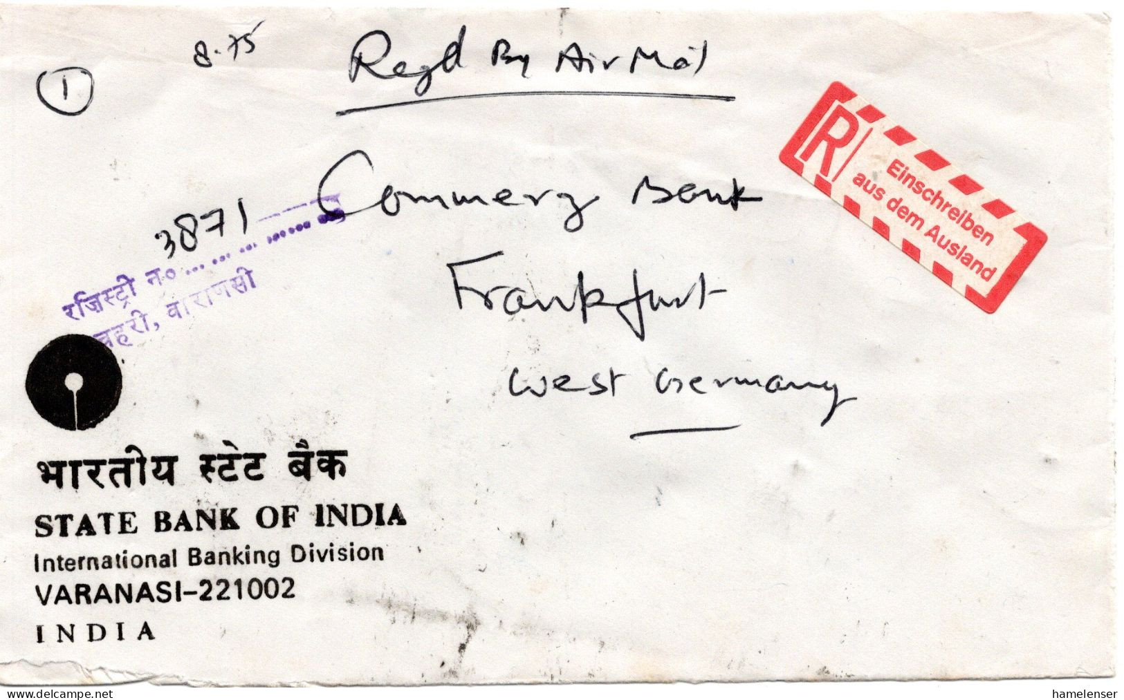 74825 - Indien - 1985 - 5Rp Gummibaum MiF A R-LpBf VARANASI -> Westdeutschland, M Dt R-Aufkleber - Covers & Documents