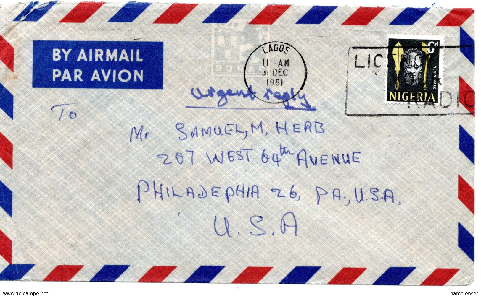 74827 - Nigeria - 1961 - 6d Maske EF A LpBf LAGOS - LICENCE YOUR RADIO -> Philadelphia, PA (USA) - Nigeria (1961-...)