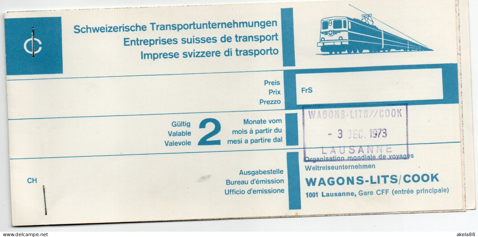 IMPRESE SVIZZERE DI TRASPORTO - WAGONS-LITS/COOK - BIGLIETTO TRENO DA LAUSANNE A PADOVA E RITORNO - Europe