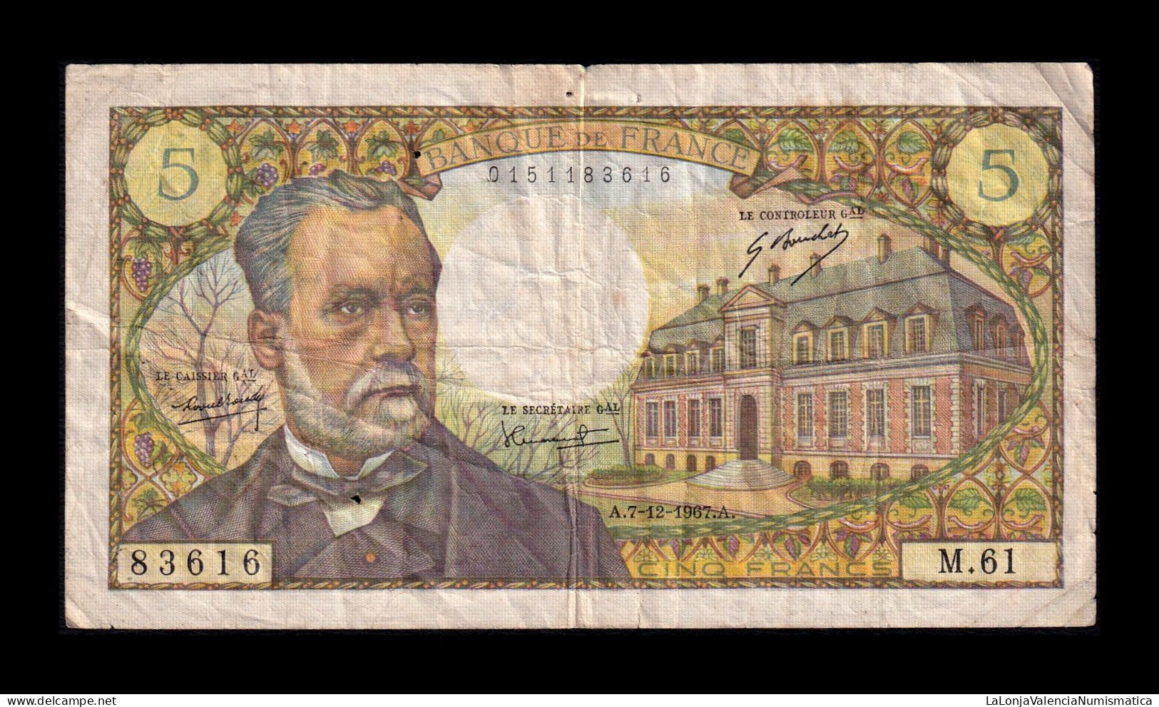 Francia France 5 Francs Louis Pasteur 1967 Pick 146b Bc/Mbc F/Vf - 5 F 1966-1970 ''Pasteur''