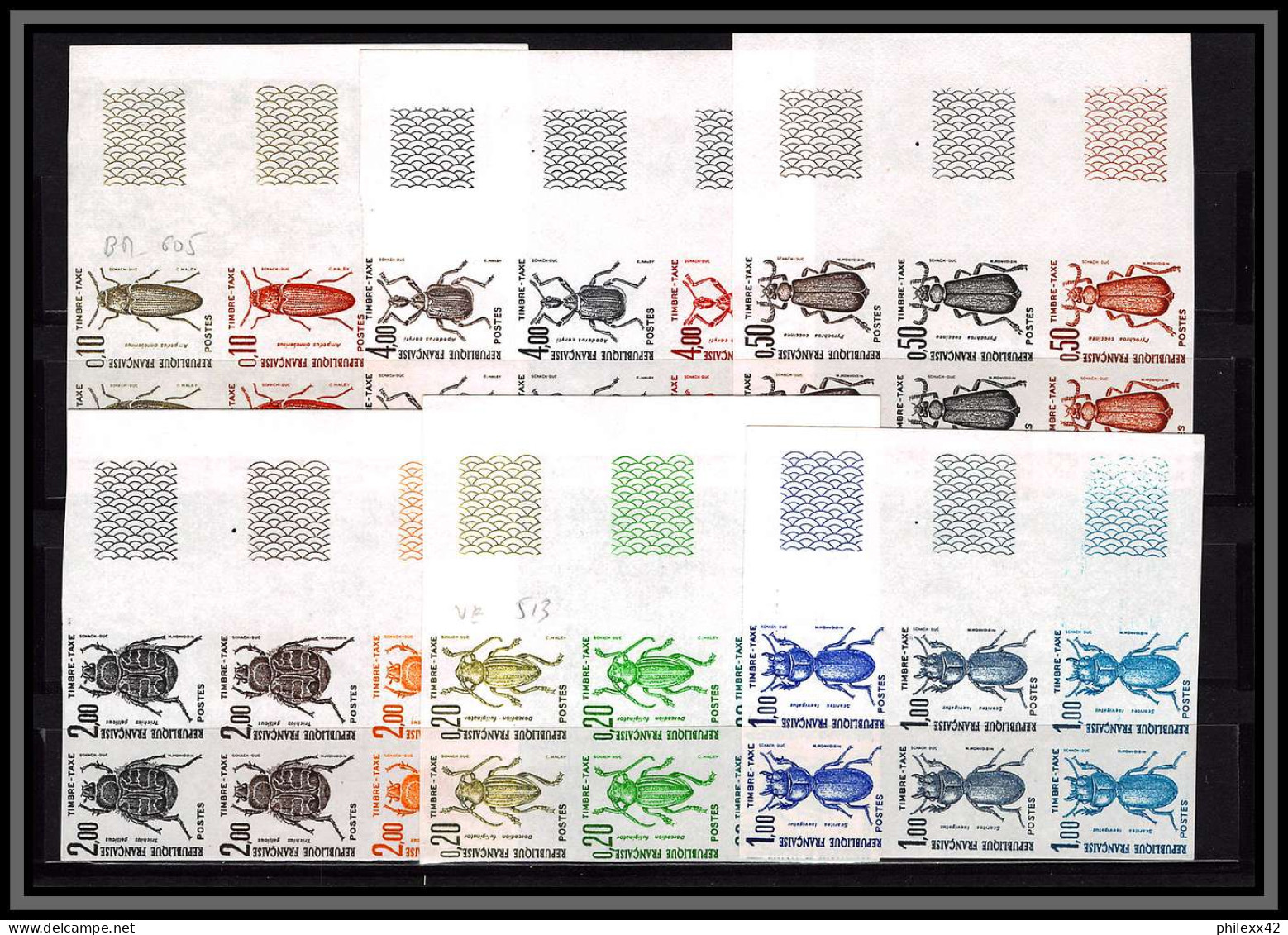 France Taxe N°103/108 Insectes Coleopteres Beetle Insects Essai Trial Proof Non Dentelé ** Imperf Bloc 6 Coin De Feuille - Essais De Couleur 1945-…