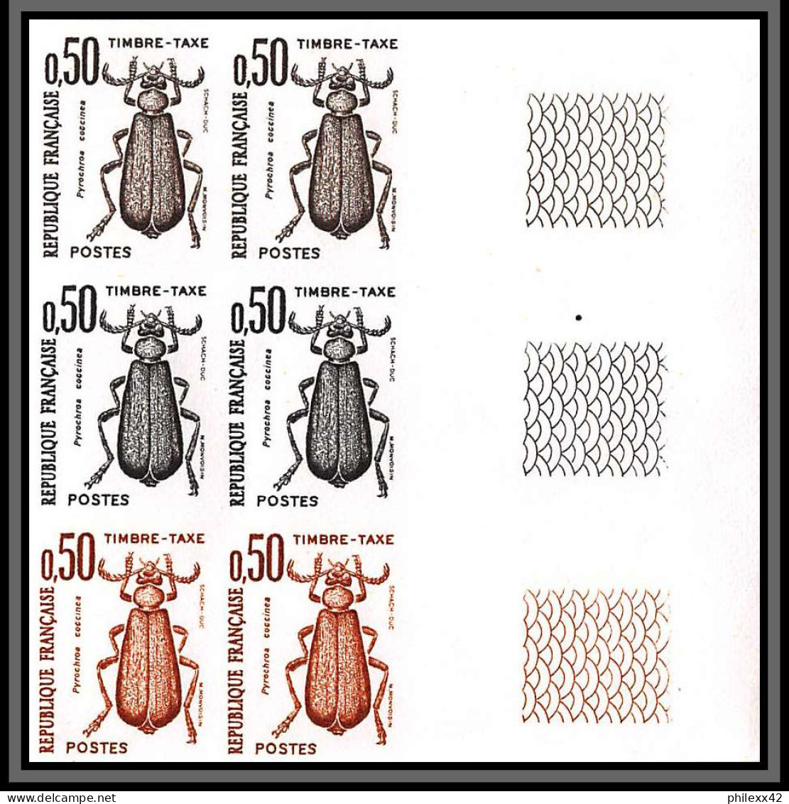 France Taxe N°103/108 Insectes Coleopteres Beetle Insects Essai Trial Proof Non Dentelé ** Imperf Bloc 6 Coin De Feuille - Essais De Couleur 1945-…