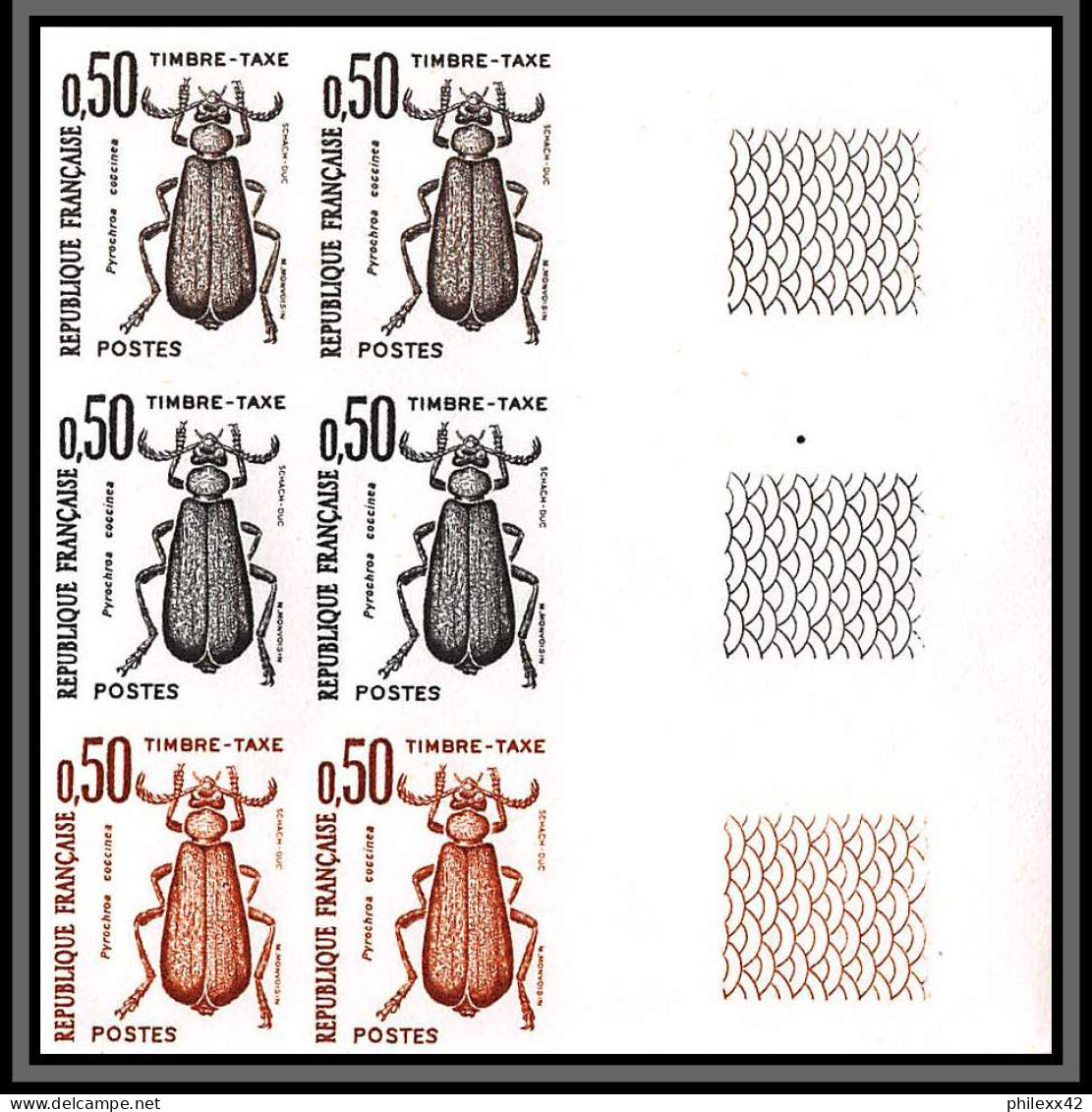 France Taxe N°103/108 Insectes Coleopteres Beetle Insects Essai Trial Proof Non Dentelé ** Imperf Bloc 6 Coin De Feuille - Color Proofs 1945-…