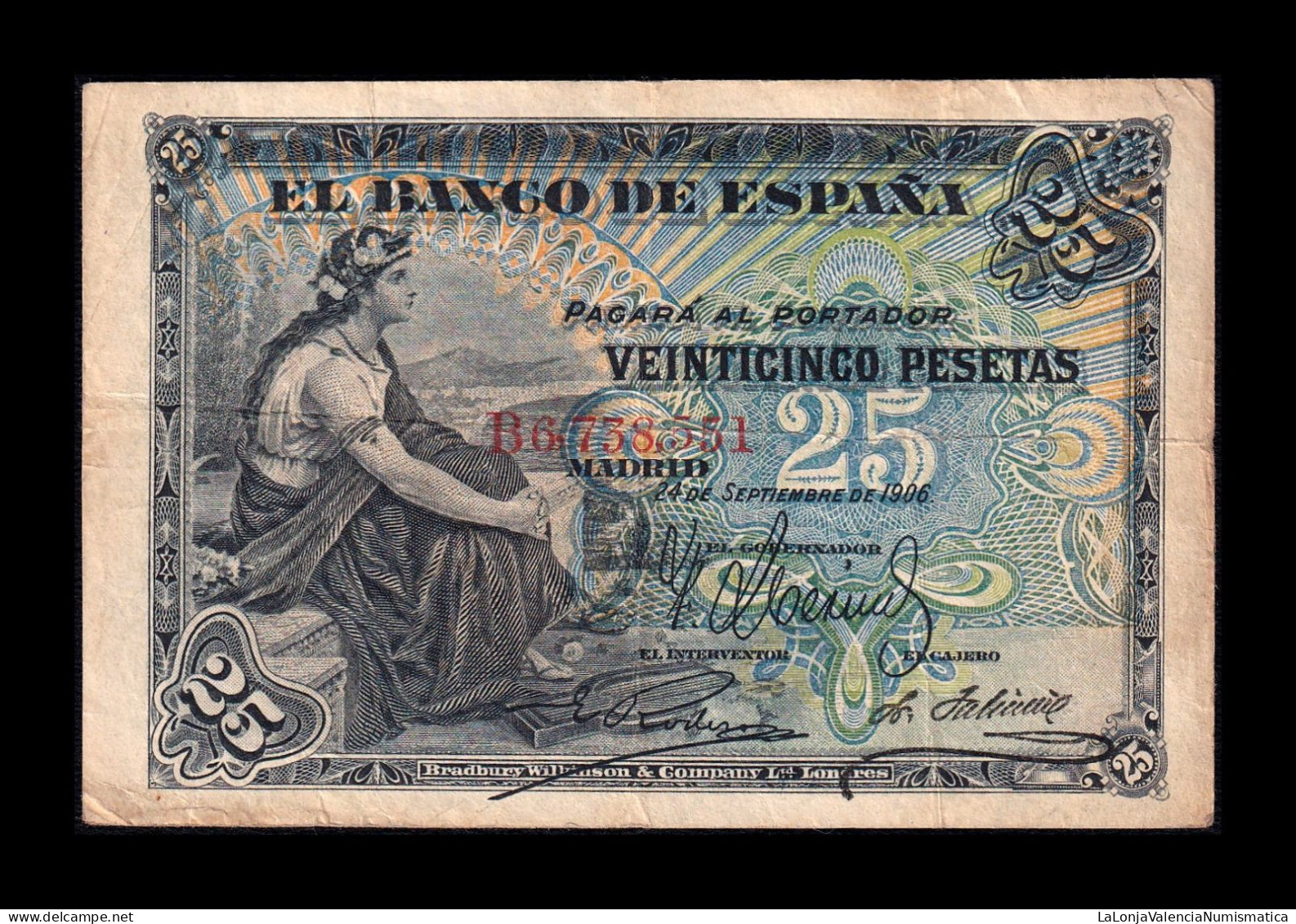 España Spain 25 Pesetas 1906 Pick 57 Serie B Mbc Vf - 1-2-5-25 Peseten