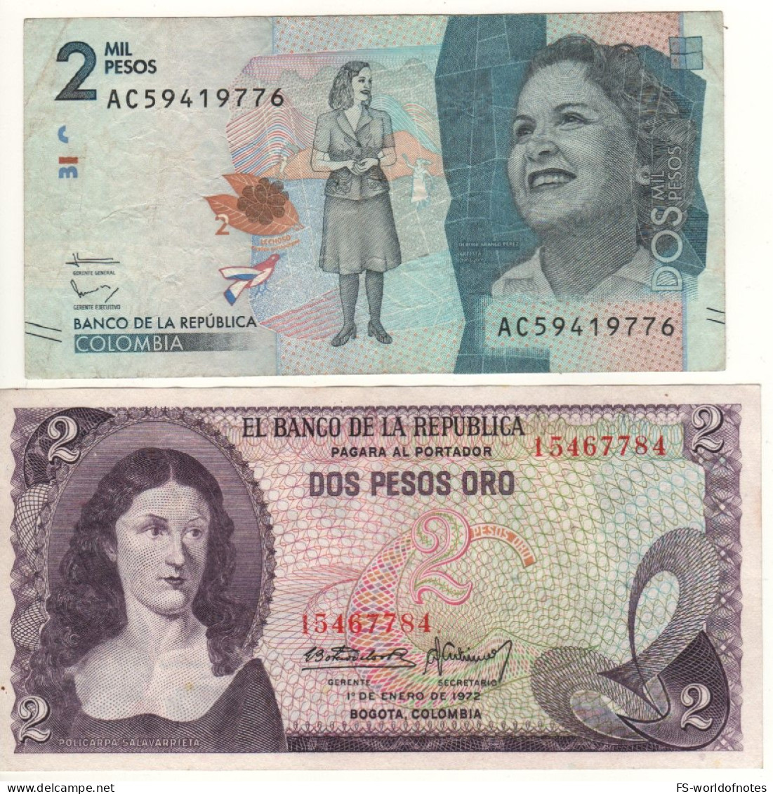 COLOMBIA     Two Notes  2 Pesos  Oro  P413 + 2000 Pesos  P458 - Colombia
