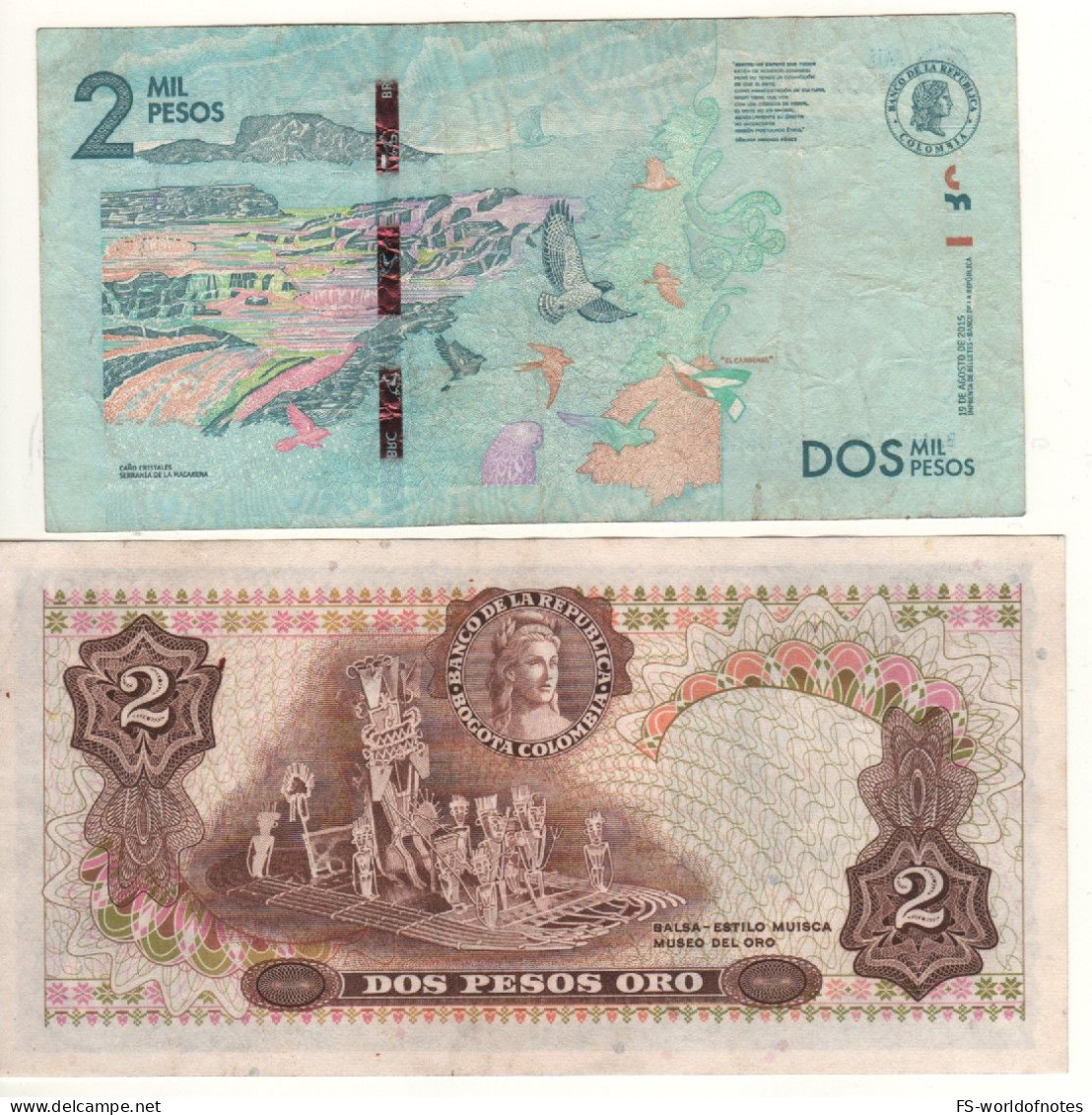 COLOMBIA     Two Notes  2 Pesos  Oro  P413 + 2000 Pesos  P458 - Kolumbien