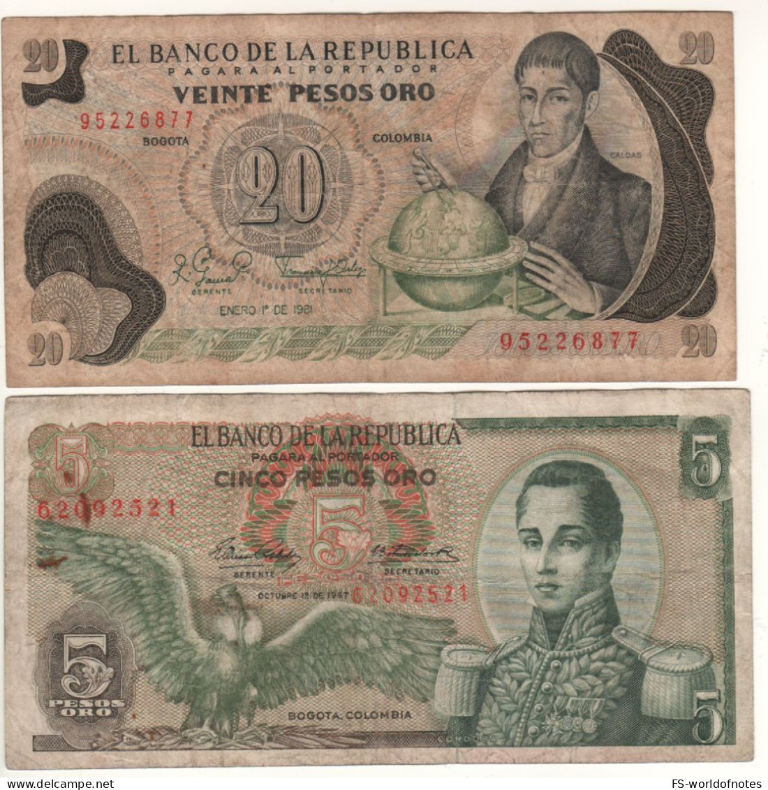 COLOMBIA     Two Notes  5 & 20  Pesos  Oro  P406 + P409 - Colombia