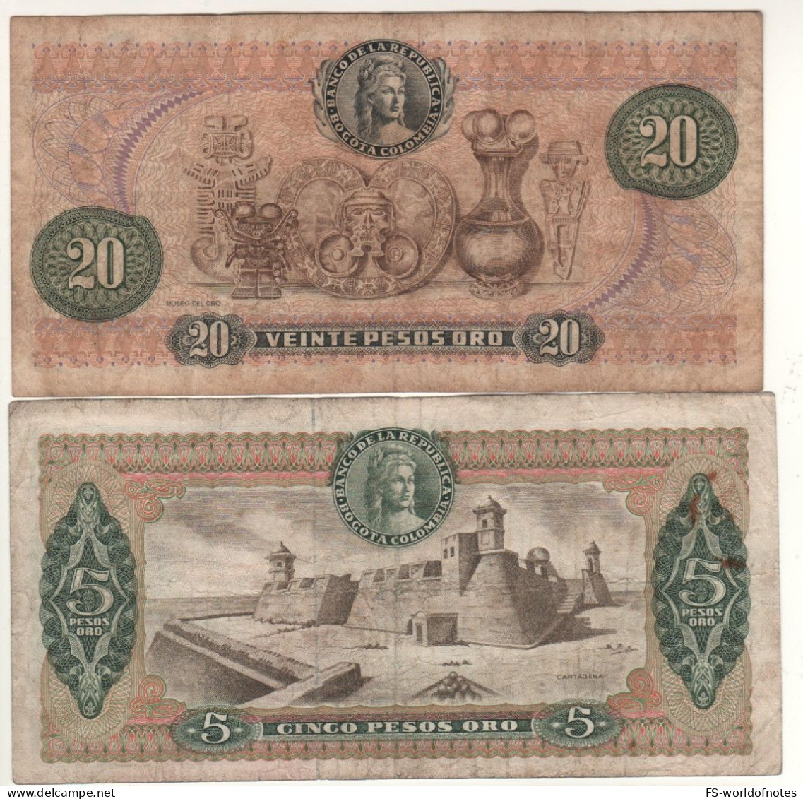 COLOMBIA     Two Notes  5 & 20  Pesos  Oro  P406 + P409 - Colombie