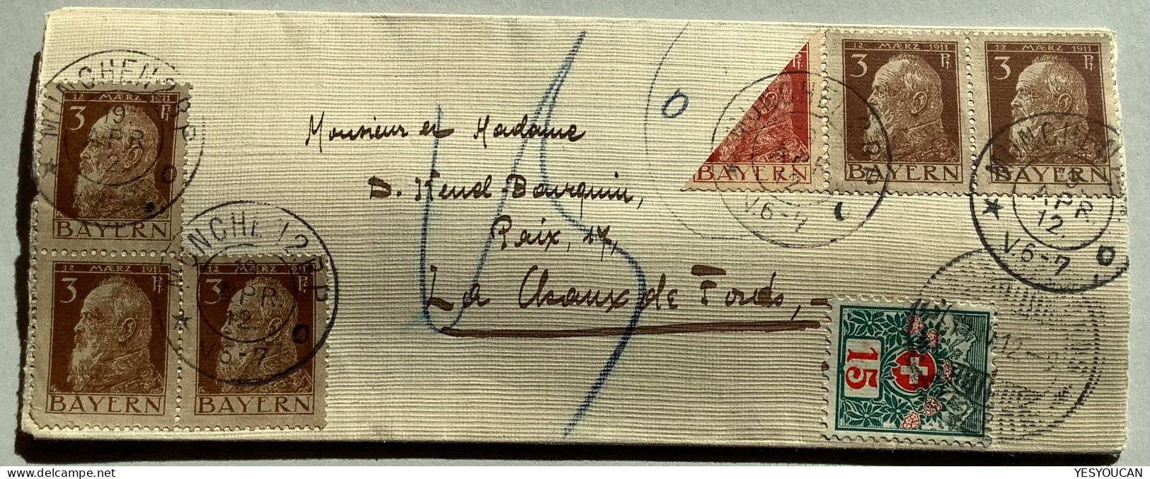 Bayern MÜNCHEN 1912 HALBIERUNG ! Brief Korrespondenz>La Chaux De Fonds NE, Schweiz Nachportomarke (Suisse Timbre Taxe - Lettres & Documents