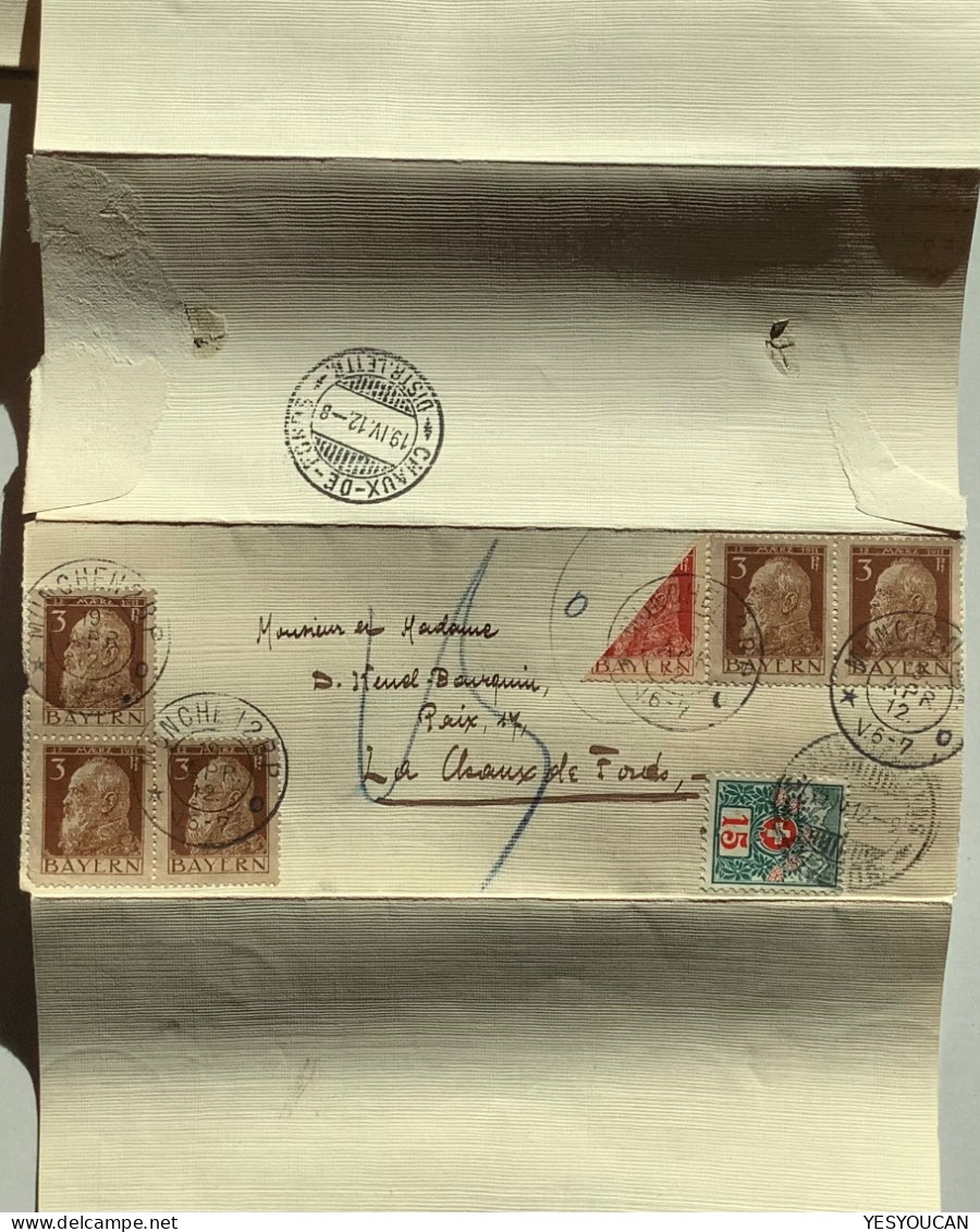 Bayern MÜNCHEN 1912 HALBIERUNG ! Brief Korrespondenz>La Chaux De Fonds NE, Schweiz Nachportomarke (Suisse Timbre Taxe - Lettres & Documents