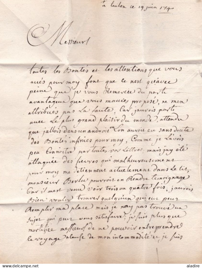 1740 - Règne De Louis XV - Lettre Personnelle De Toulon Aux Consuls De Forcalquier, Var - Marque Manuscrite - 1701-1800: Vorläufer XVIII