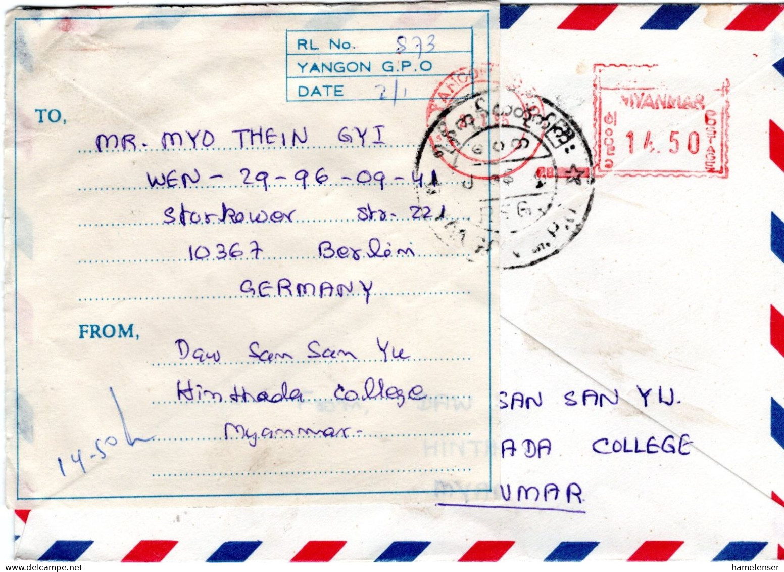 74852 - Myanmar - 1995 - 50P GALpUmschlag M Rs Freistpl YANGON -> Deutschland - Myanmar (Birma 1948-...)