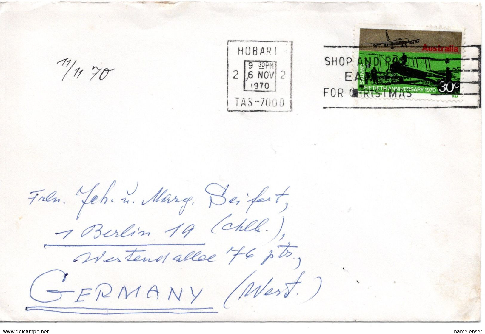 74853 - Australien - 1970 - 30c QANTAS EF A LpBf HOBART - ... -> Westdeutschland - Storia Postale