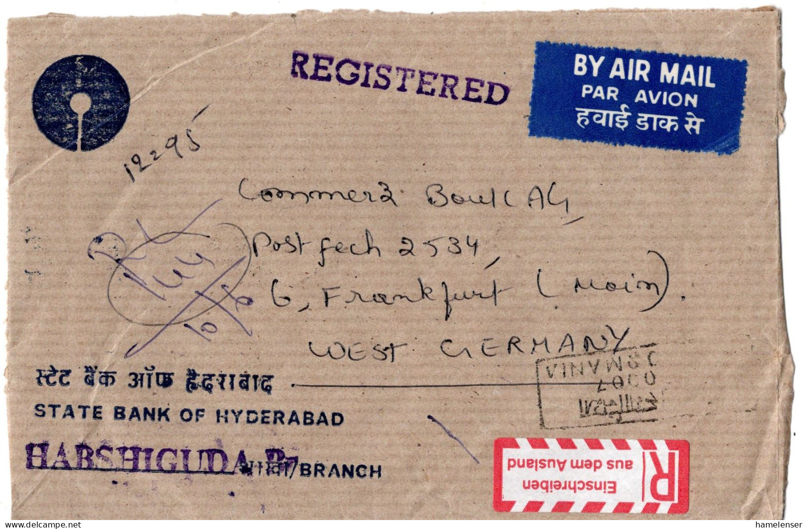 74854 - Indien - 1984 - 2@5Rp Staudamm MiF A R-LpBf HABSHIGUDA -> Westdeutschland, M Dt R-Aufkleber - Storia Postale