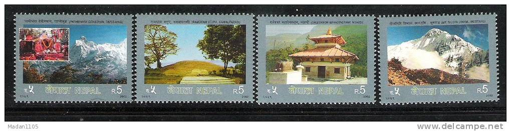 NEPAL 2002,  Tourism, Visit Nepal, 4 Stamps, Complete Set, Mountain, Mountains,      Trees, Lake, Temple, MNH(**). - Budismo