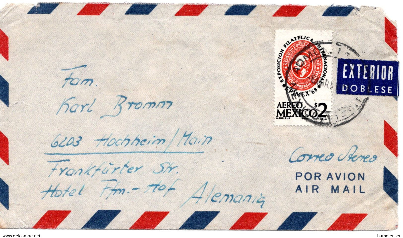 74856 - Mexico - 1968 - $2 EFIMEX '68 A LpBf MEXICO -> Westdeutschland - Briefmarkenausstellungen