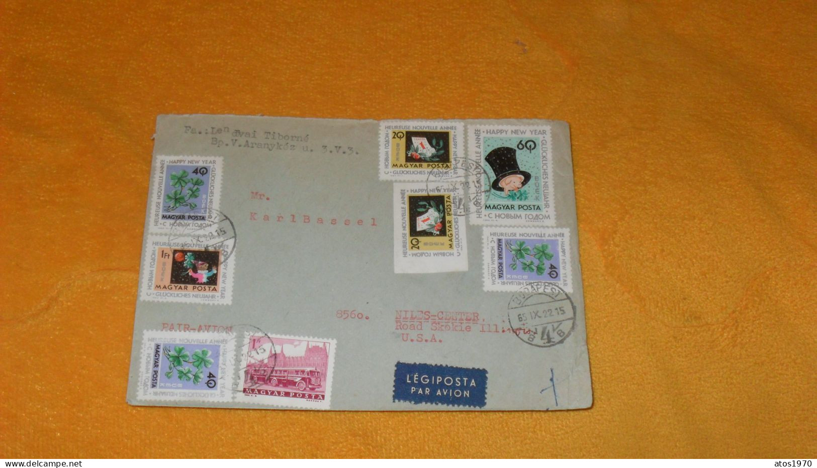 ENVELOPPE ANCIENNE DE 1965../ CACHETS BUDAPEST HONGRIE POUR SKOKIE ILLINOIS USA + TIMBRES X10 - Briefe U. Dokumente