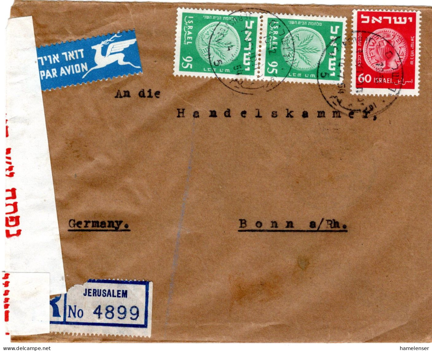 74858 - Israel - 1954 - 2@95Pr Muenzen MiF A R-LpBf JERUSALEM -> BONN (Westdeutschland), M Isr Zensur - Covers & Documents