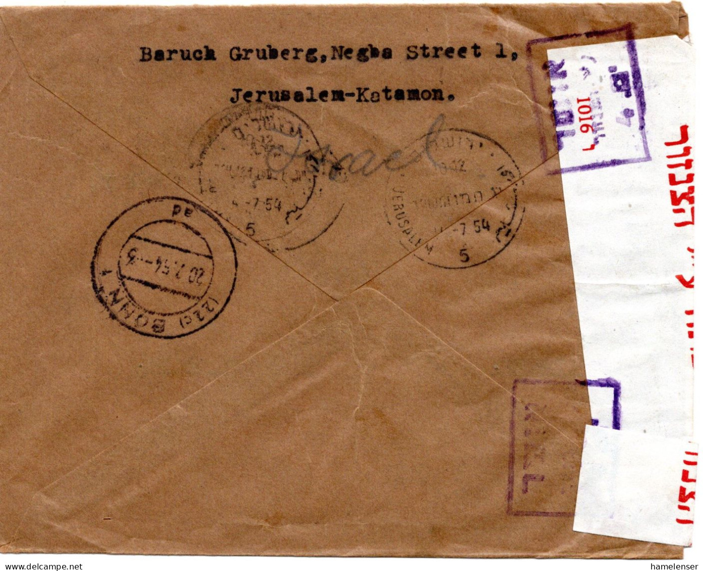 74858 - Israel - 1954 - 2@95Pr Muenzen MiF A R-LpBf JERUSALEM -> BONN (Westdeutschland), M Isr Zensur - Lettres & Documents