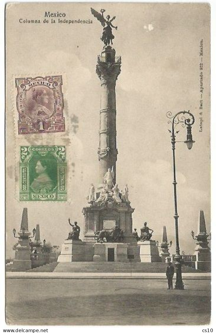 Mexico City Columna Dela Independencia B/wppc With 2 Stamps On The Front - Mexico
