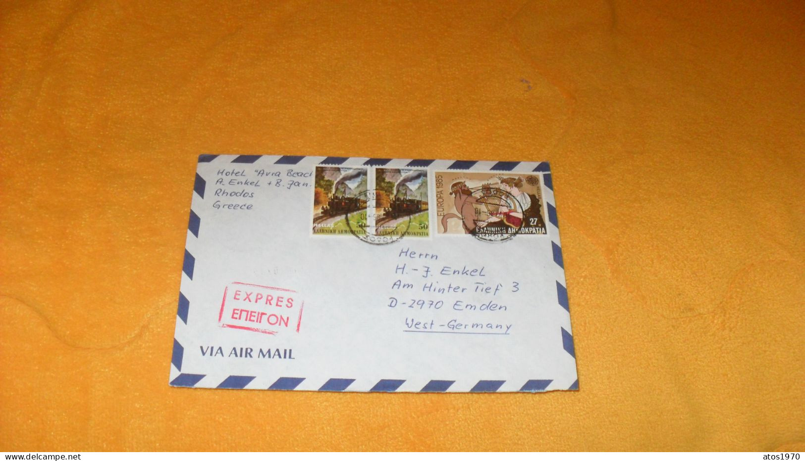 ENVELOPPE ANCIENNE DE 1985../ CACHETS RODOS GRECE..POUR EMDEN ALLEMAGNE + TIMBRES X3 - Brieven En Documenten