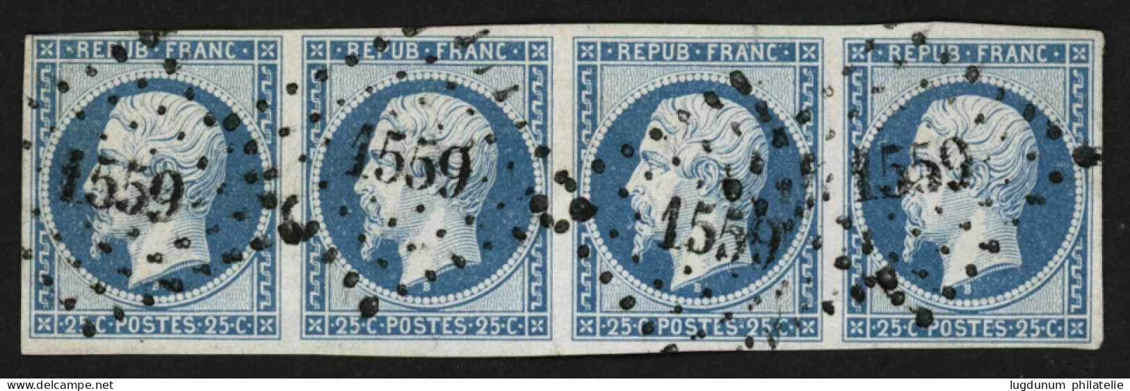 25c PRESIDENCE (n°10) Bande De 4 Obl. PC 1559. Filet Effleuré En Haut à Gauche. Un Point Clair Entre 2 Timbres. RARE. Co - 1852 Luigi-Napoleone