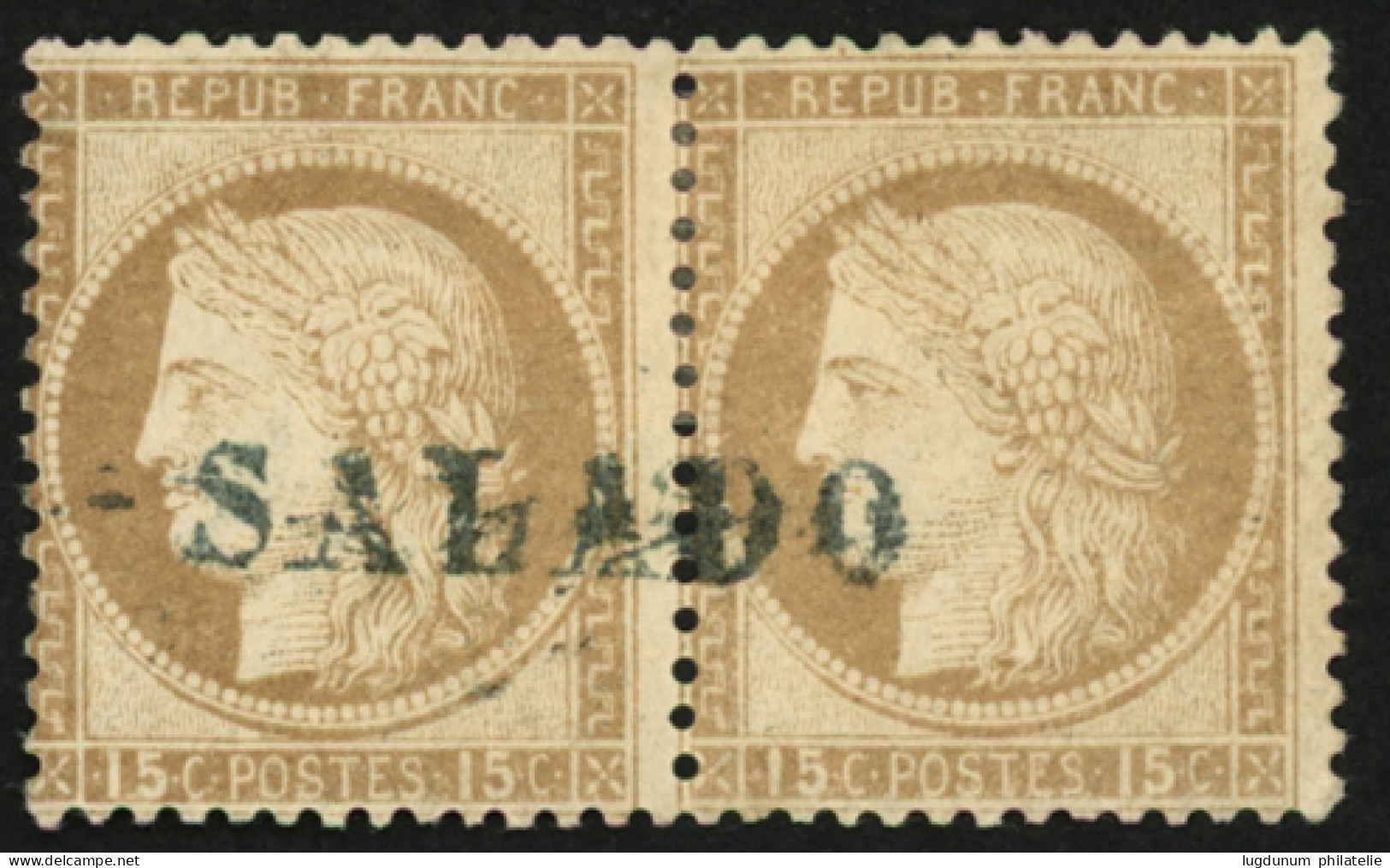 ALGERIE : Paire 15c CERES Obl. Griffe Bleue (RIO) - SALADO. GRANDE RARETE. Signé JAMET. Seule Piéce Connue à Ce Jour. TT - 1849-1876: Période Classique