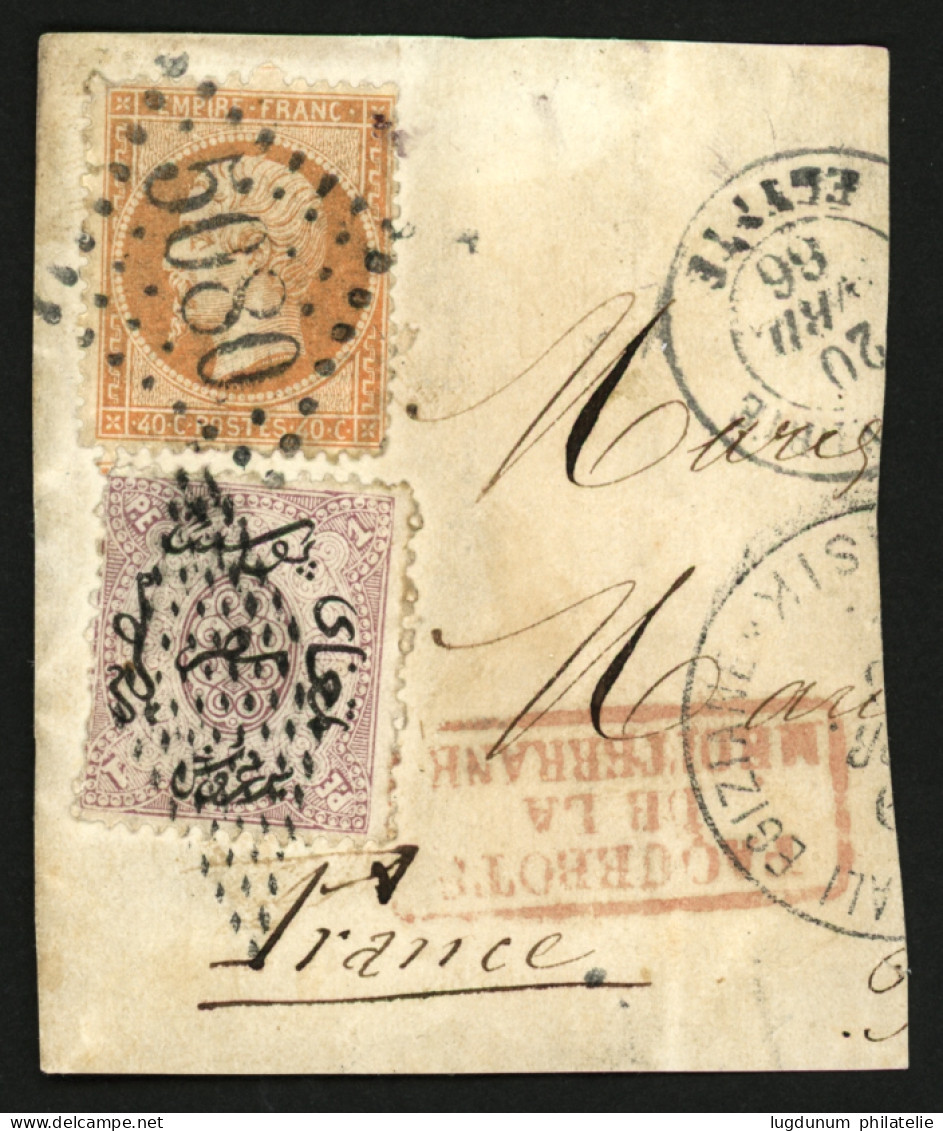 ALEXANDRIE : FRANCE 40c (n°23) Obl. GC 5080 + EGYPTE 1P Obl. RETTA Sur Fragment. Affrt Mixte Rare. TTB. - 1849-1876: Période Classique