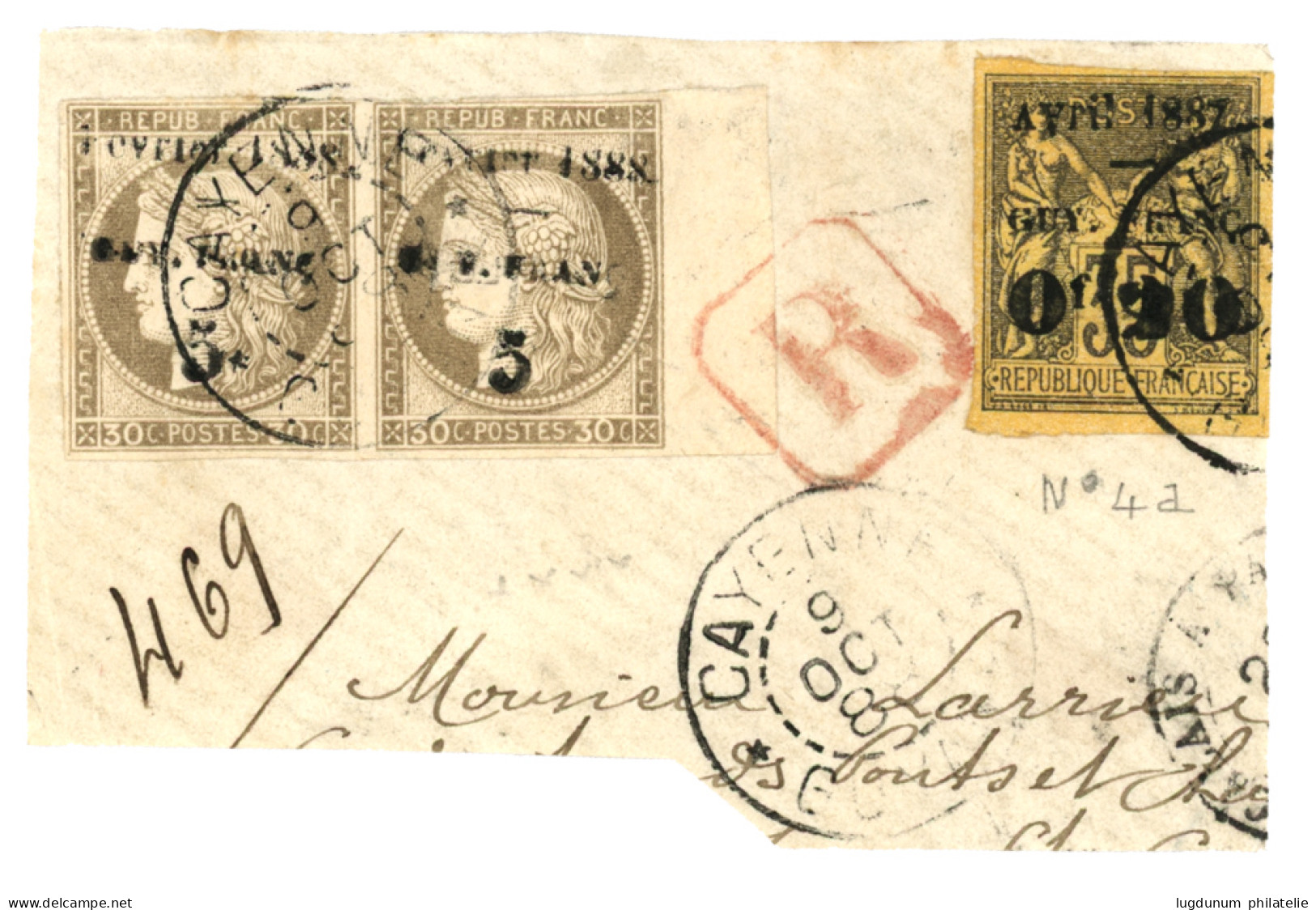 GUYANE : 0f20 S/ 35c (n°4a) + Paire 5 S/ 30c (n°8) Obl. CAYENNE Sur Fragment. TTB. - Other & Unclassified