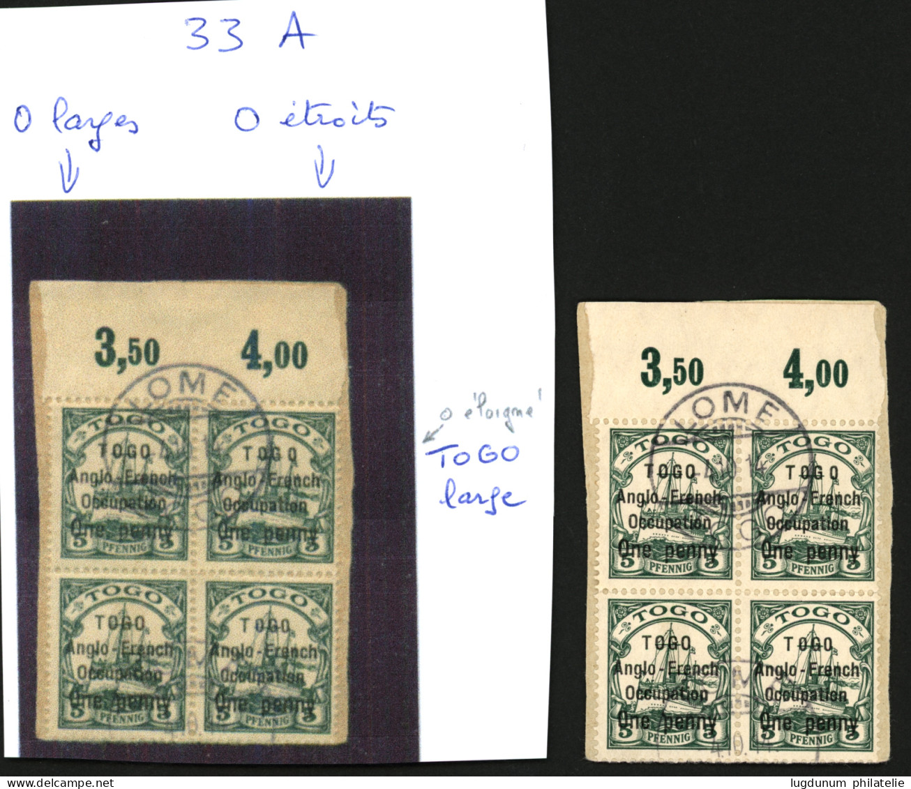 TOGO : 1p S/ 5pf (n°33A) Bloc De 4 Oblitéré Avec Variétés O Larges + O étroits + TOGO Large. Spectaculaire. Signé SCHELL - Other & Unclassified