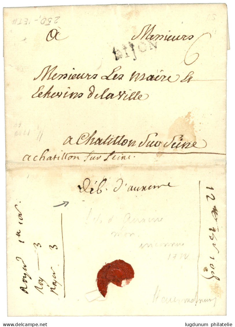 YONNE : 1770 "DEB. D' AUXERRE" Manus. Sur Lettre Avec Texte De DIJON. Rare. TTB. - 1701-1800: Vorläufer XVIII