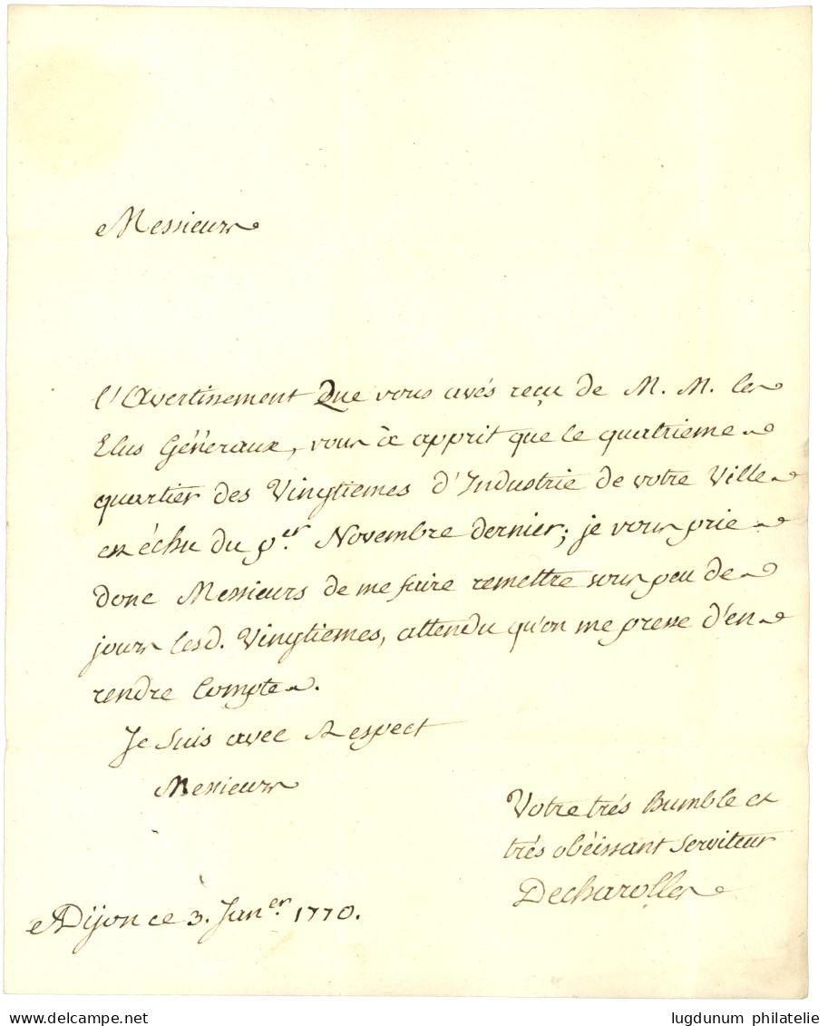 YONNE : 1770 "DEB. D' AUXERRE" Manus. Sur Lettre Avec Texte De DIJON. Rare. TTB. - 1701-1800: Vorläufer XVIII