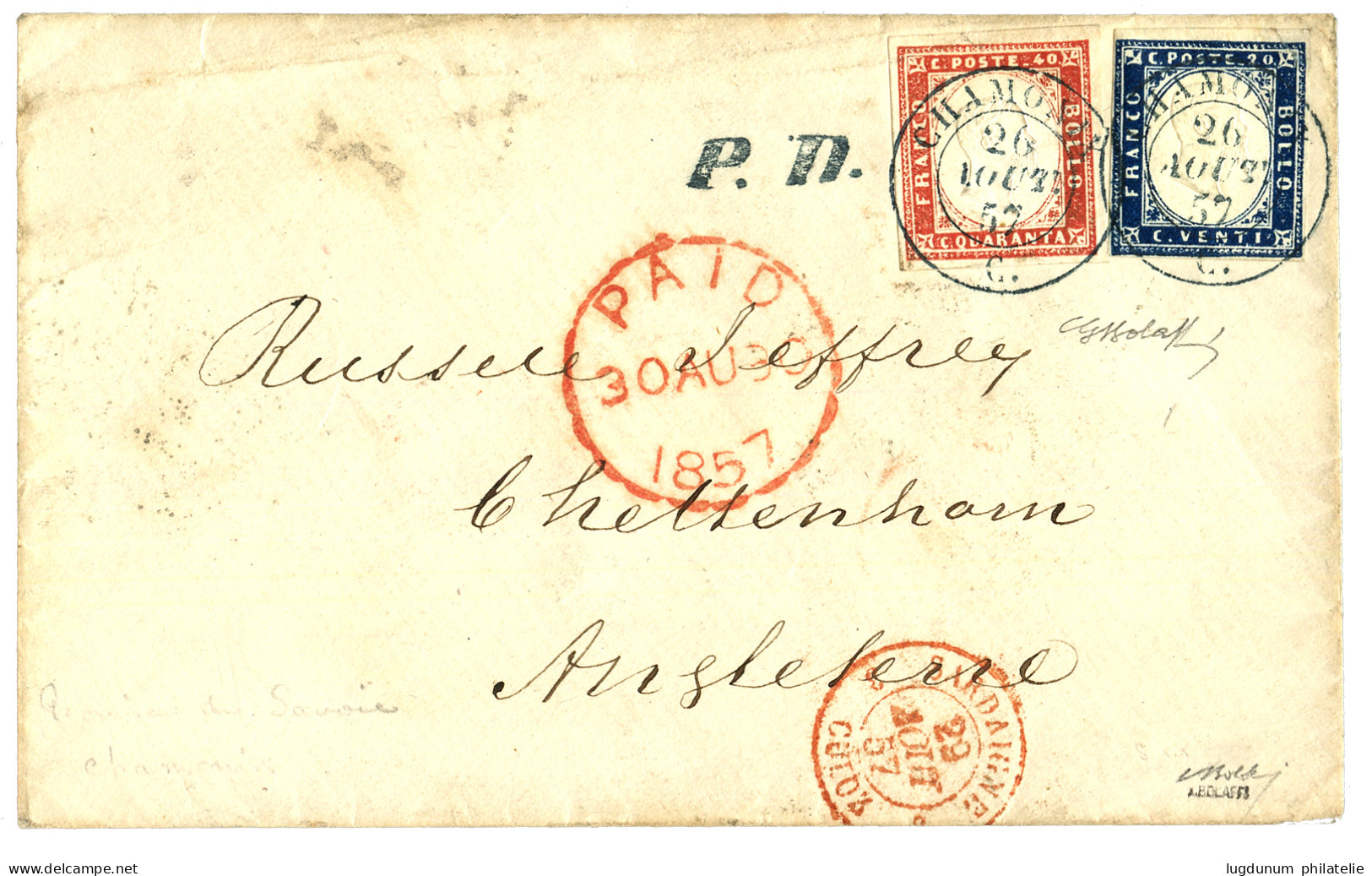 SAVOIE - CHAMONIX Période SARDE : 1857 SARDAIGNE 20c (pd) + 40c TTB Margé Obl. CHAMONIX Sur Lettre Pour L' ANGLETERRE. S - 1849-1876: Klassik